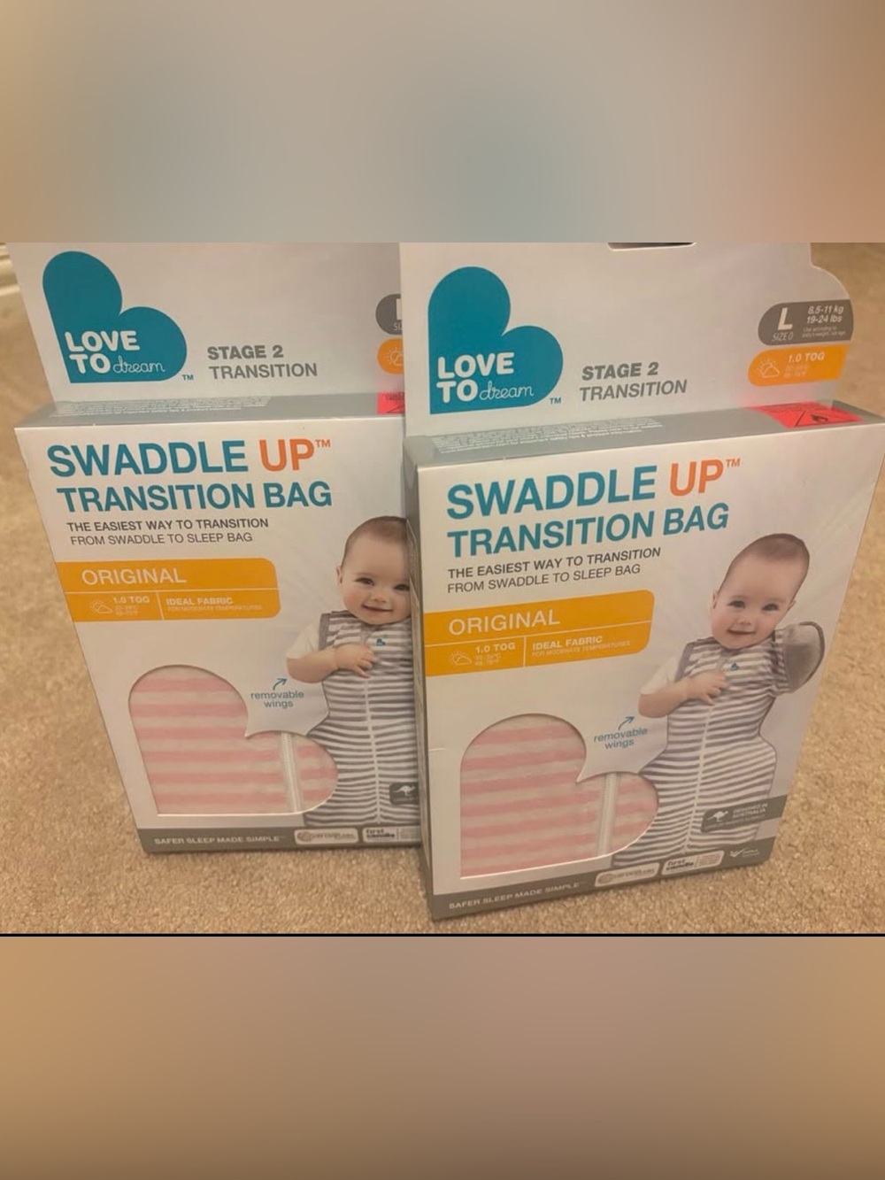 NIB Love to Dream Stage 2 Swaddle Up Transition Bag pink and white stripes
